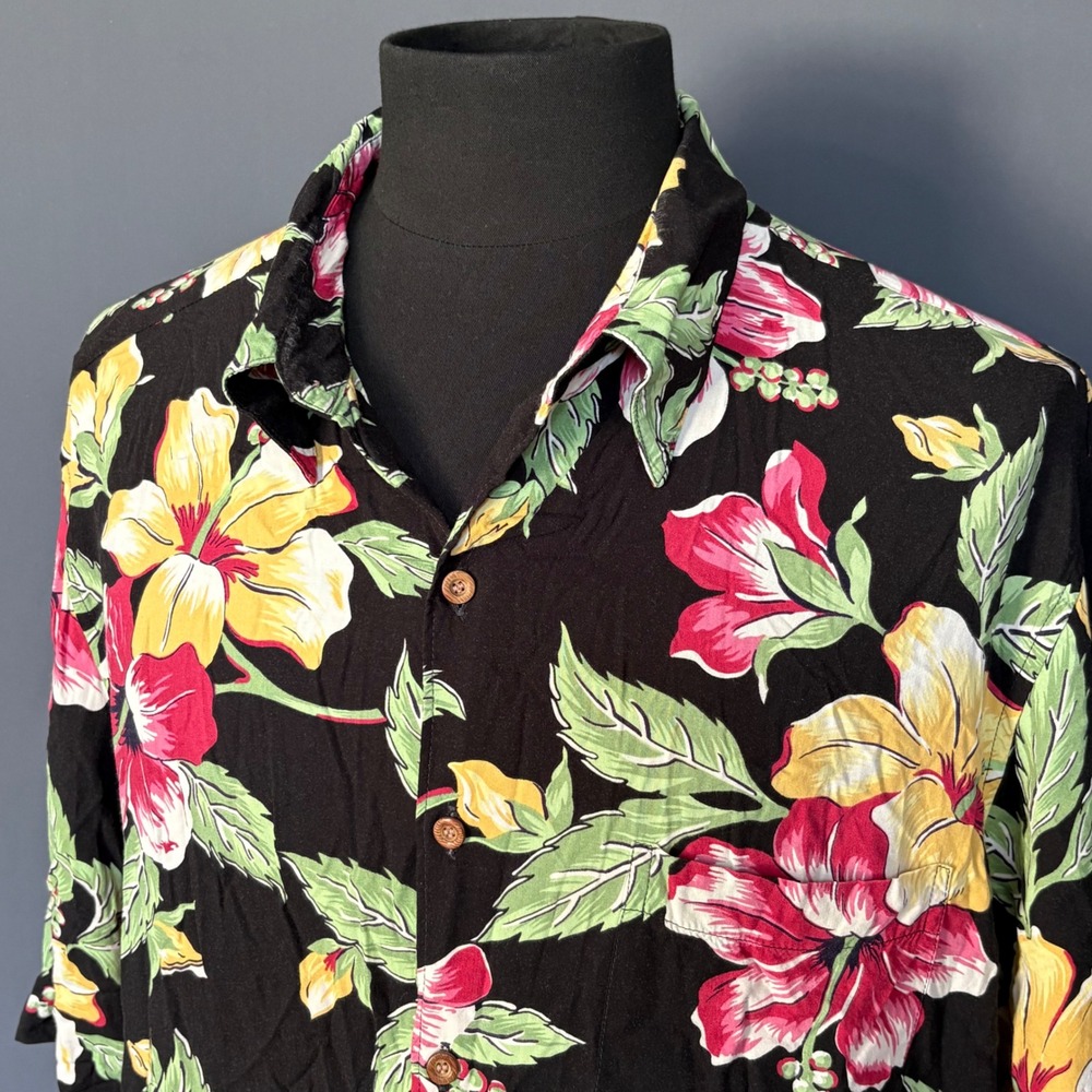 Reyn Spooner Hawaiian Shirt Mens XL Black Hibiscus Floral Rayon Aloha